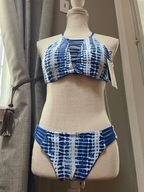 NWT TiniBikini Reversible Blue & White Tie-Dye Strappy Bikini Set.